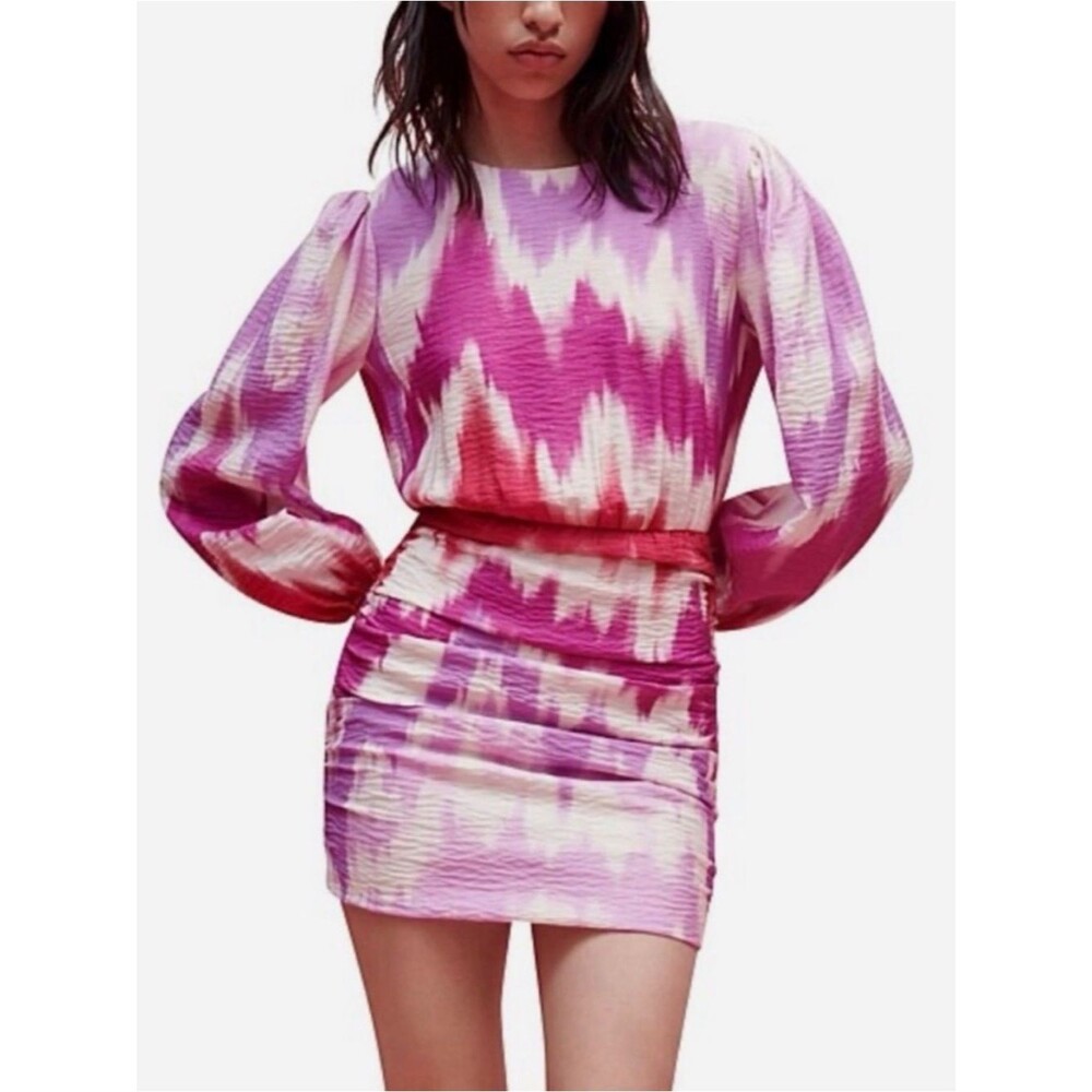 Maje Riri Ikat Print Ruched Long Sleeve Mini Dress Pink Purple Size 36 US 4 NWT
